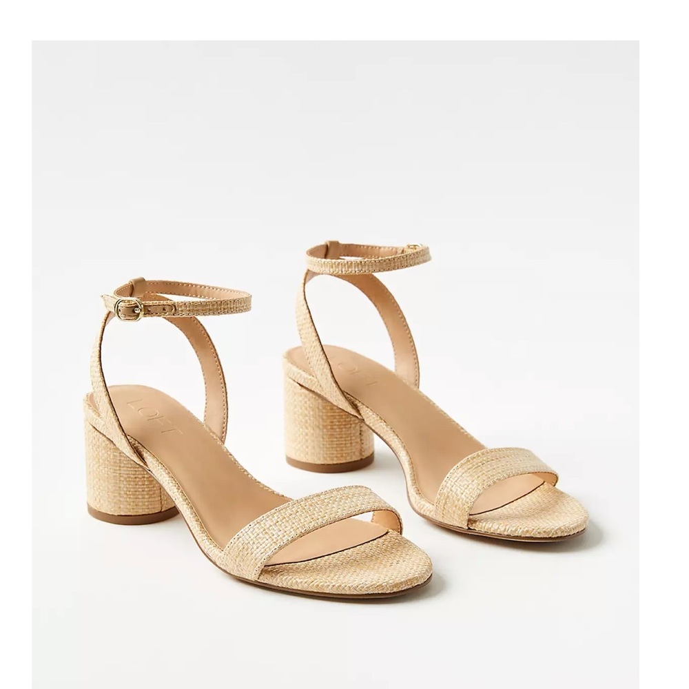 LOFT Raffia Beige Natural Ankle Strap Block Heels Pumps Size 9